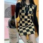 Long-sleeve Checkerboard Knit Mini Bodycon Dress