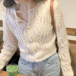 Pointelle Knit Mohair Cardigan White - One Size