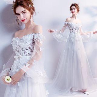 Off-shoulder Long-sleeve A-line Wedding Dress