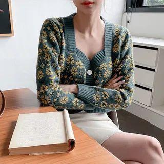 Sweetheart Neck Floral Print Cropped Cardigan