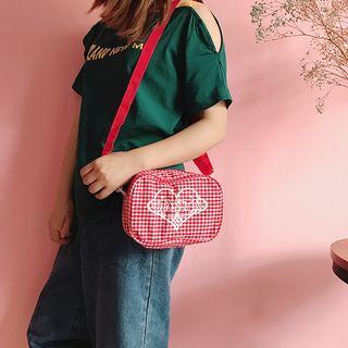 Canvas Heart Print Checker Shoulder Bag