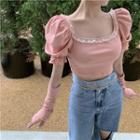 Set: Puff-sleeve Lace Trim Blouse + Arm Sleeves