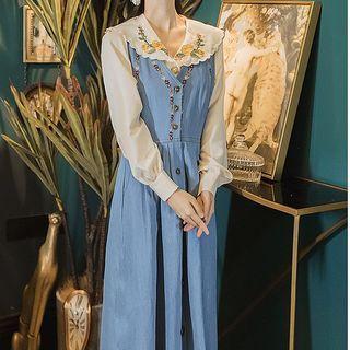 Strappy Denim Midi A-line Dress / Embroidered Blouse / Set