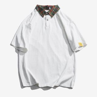 Elbow-sleeve Plaid Paneled Printed Polo Shirt