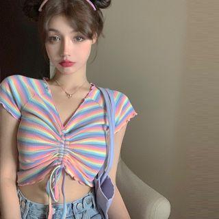 Striped Drawstring Short-sleeve Slim-fit Cropped Top As Figure - One Size