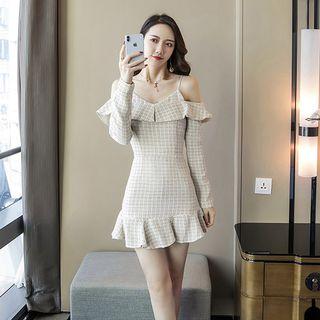 Plaid Cold-shoulder Ruffle Mini A-line Dress
