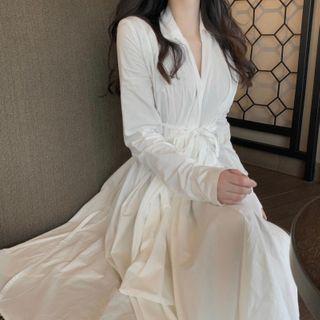 Long-sleeve Asymmetric Midi A-line Dress White - One Size