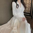 Long-sleeve Asymmetric Midi A-line Dress White - One Size