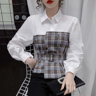 Mock Two-piece Double Breasted Plaid Blouse