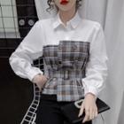Mock Two-piece Double Breasted Plaid Blouse