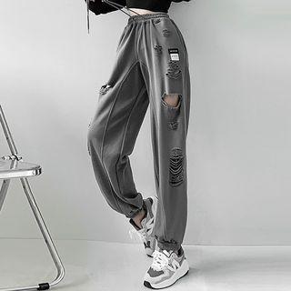 Distressed High-waist Wide-leg Jogger Sweatpants