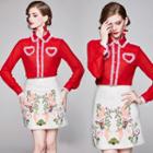 Set: Mesh Ruffle Trim Shirt + Floral Embroidered Pencil Skirt