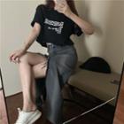 Short-sleeve Letter Printed Cropped Top / High-waist Frayed Denim Split Skirt