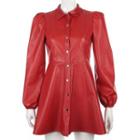 Balloon-sleeve Faux Leather A-line Dress
