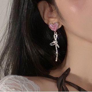Heart Knot Rhinestone Dangle Earring 1 Pair - A3083 - Pink - One Size