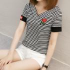 Rose Embroidered Striped V-neck Short-sleeve T-shirt