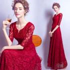 Elbow-sleeve Lace Evening Dress
