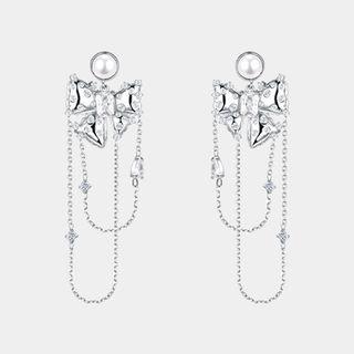 Bow Faux Pearl Rhinestone Chain Dangle Earring Al1047 - 1 Pair - Silver - One Size