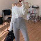 Off-shoulder Knit Sweater / High-waist Boot-cut Pants