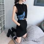 Set: Plain Slim-fit Cropped Sleeveless Top + Skirt Black - One Size