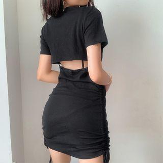 Mock Two-piece Short-sleeve Drawcord Mini Bodycon Dress Black - One Size