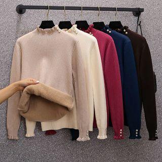 Mock Neck Frill Trim Fleece-lined Knit Top