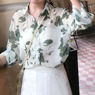 Print Chiffon Loose-fit Blouse Green - One Size