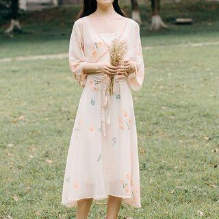 Set: 3/4-sleeve Midi Chiffon Dress + Spaghetti Strap Dress