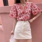 Short-sleeve Embroidered Eyelet Blouse / A-line Denim Skirt