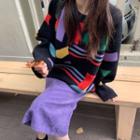 Color-block Loose-fit Sweater / Plain Midi Skirt