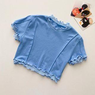Short-sleeve Ruffle Cropped T-shirt Blue - One Size