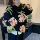 Printed Sweater Green & White & Pink & Black - One Size