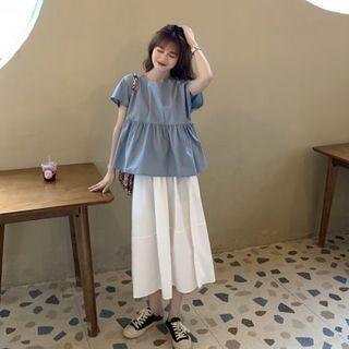 Short-sleeve Bow Top / Plain Midi Skirt
