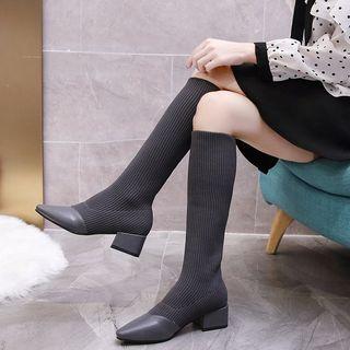 Faux Leather Fabric Panel Block Heel Tall Boots