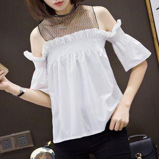 Short Sleeve Off-shoulder Mesh Panel Top