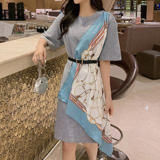 Elbow-sleeve Panel Short A-line Dress