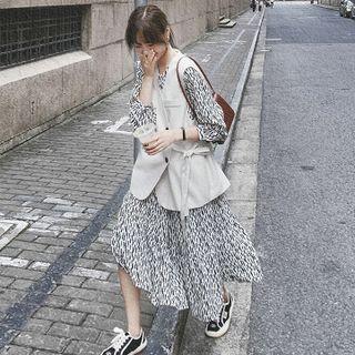 Set: Long-sleeve Print Midi A-line Dress + Button Vest