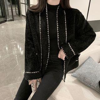 Contrast Trim Faux Shearling Button Jacket Black - One Size