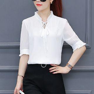 Tie Neck Elbow-sleeve Chiffon Blouse
