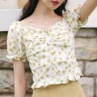 Floral Short-sleeve Cropped Blouse Yellow - One Size