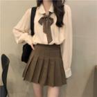 Bow-neck Shirt / Pleated Mini A-line Skirt