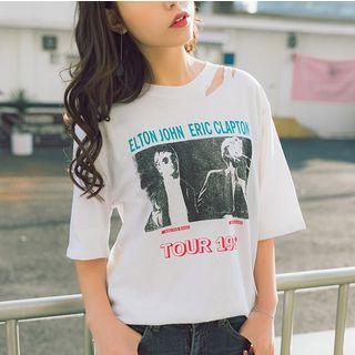 Cutout Print Elbow-sleeve T-shirt