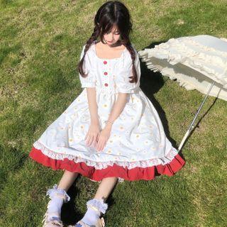 Puff-sleeve Floral A-line Dress White - One Size