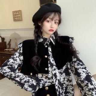 Long-sleeve Printed Shirt / Velvet Vest