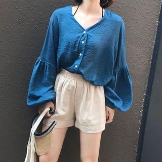 Balloon-sleeve V-neck Blouse Blue - One Size