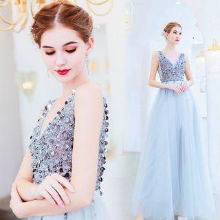 Sequined Sleeveless Open-back A-line Evening Gown
