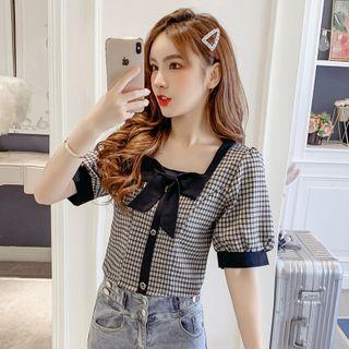 Plaid Bow Accent Short-sleeve Blouse