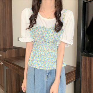 Short-sleeve Mock Two-piece Floral Print Blouse