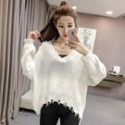 Long-sleeved Loose-fit Sweater V-neck Plain Top