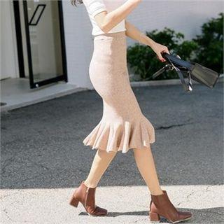 Band-waist Ruffle-hem Knit Skirt